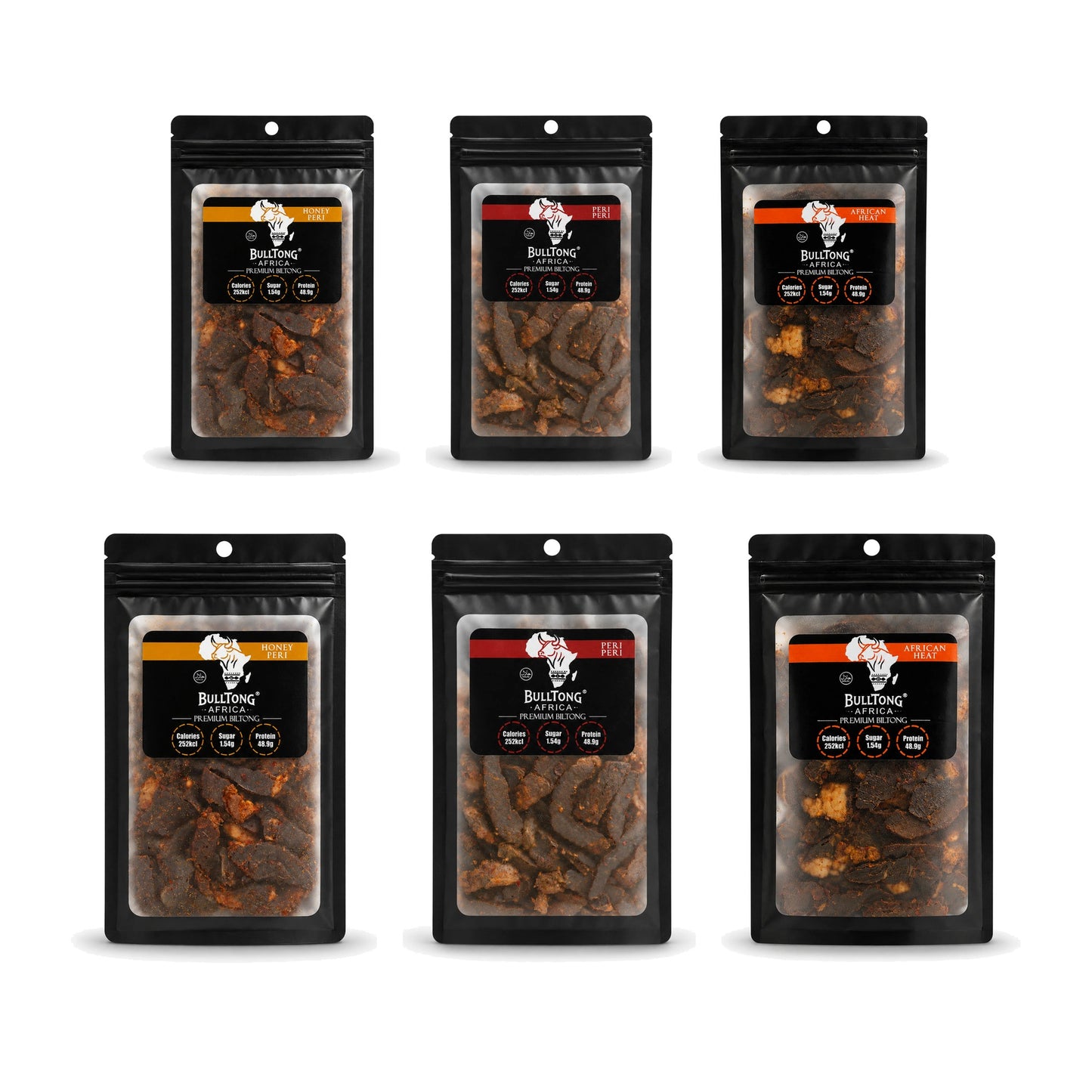 The Full Heat Box - six 90g packs of Honey Peri, Peri-Peri and African Heat biltong
