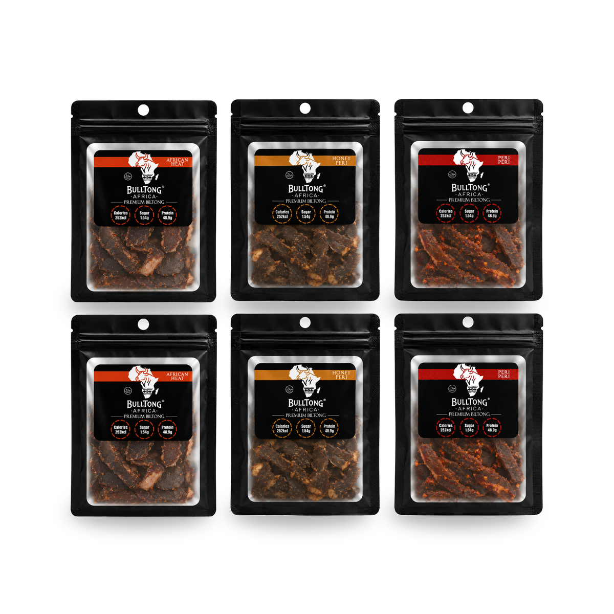 BulltongAfrica Full Heat Box, six 35g halal beef biltong packs — Honey Peri, Peri-Peri and African Heat