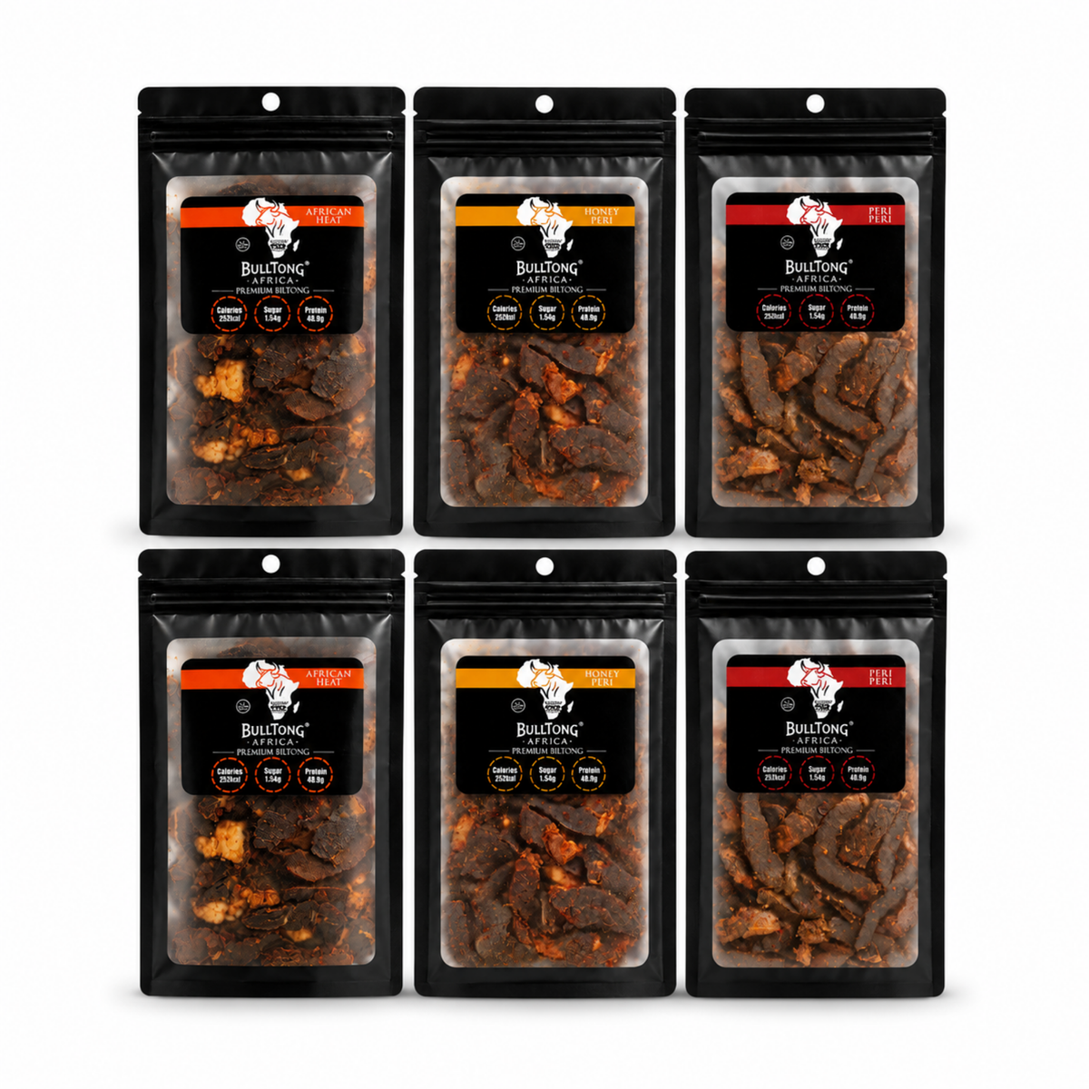 BulltongAfrica Full Heat Box, six 90g halal beef biltong packs — Honey Peri, Peri-Peri and African Heat