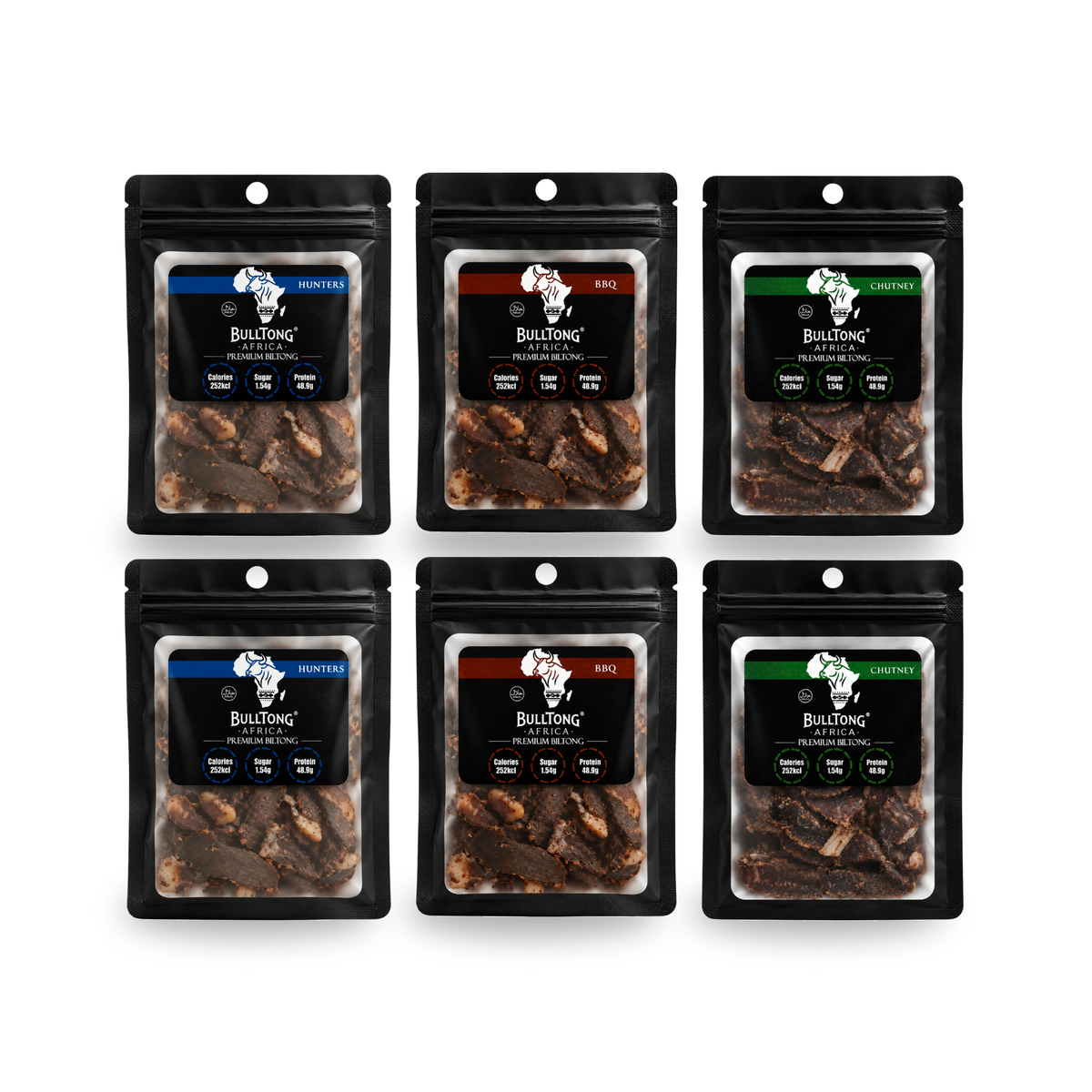 BulltongAfrica No Heat Box, six 35g halal beef biltong packs — Traditional Hunters, Barbeque and Chutney
