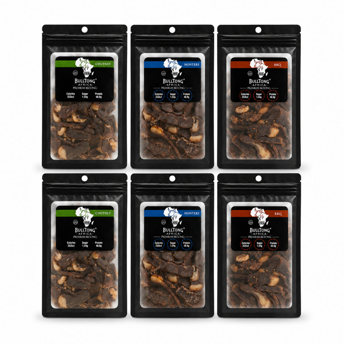 BulltongAfrica No Heat Box, six 90g halal beef biltong packs — Traditional Hunters, Barbeque and Chutney