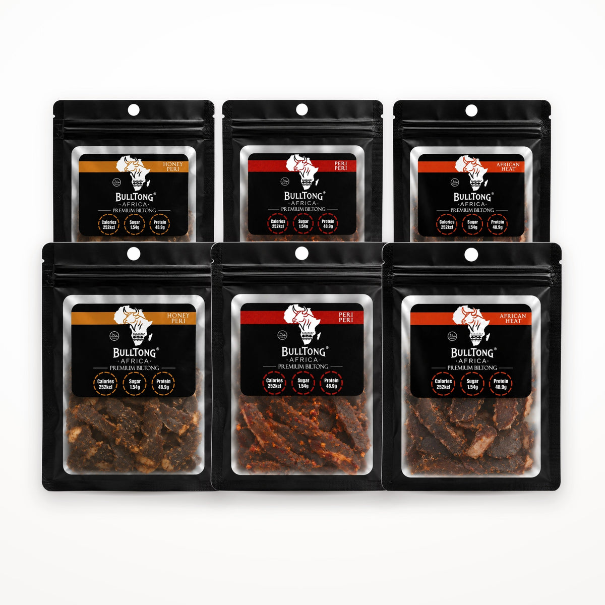 The Full Heat Box - six 35g packs of BulltongAfrica halal beef biltong, two each of Honey Peri, Peri-Peri and African Heat