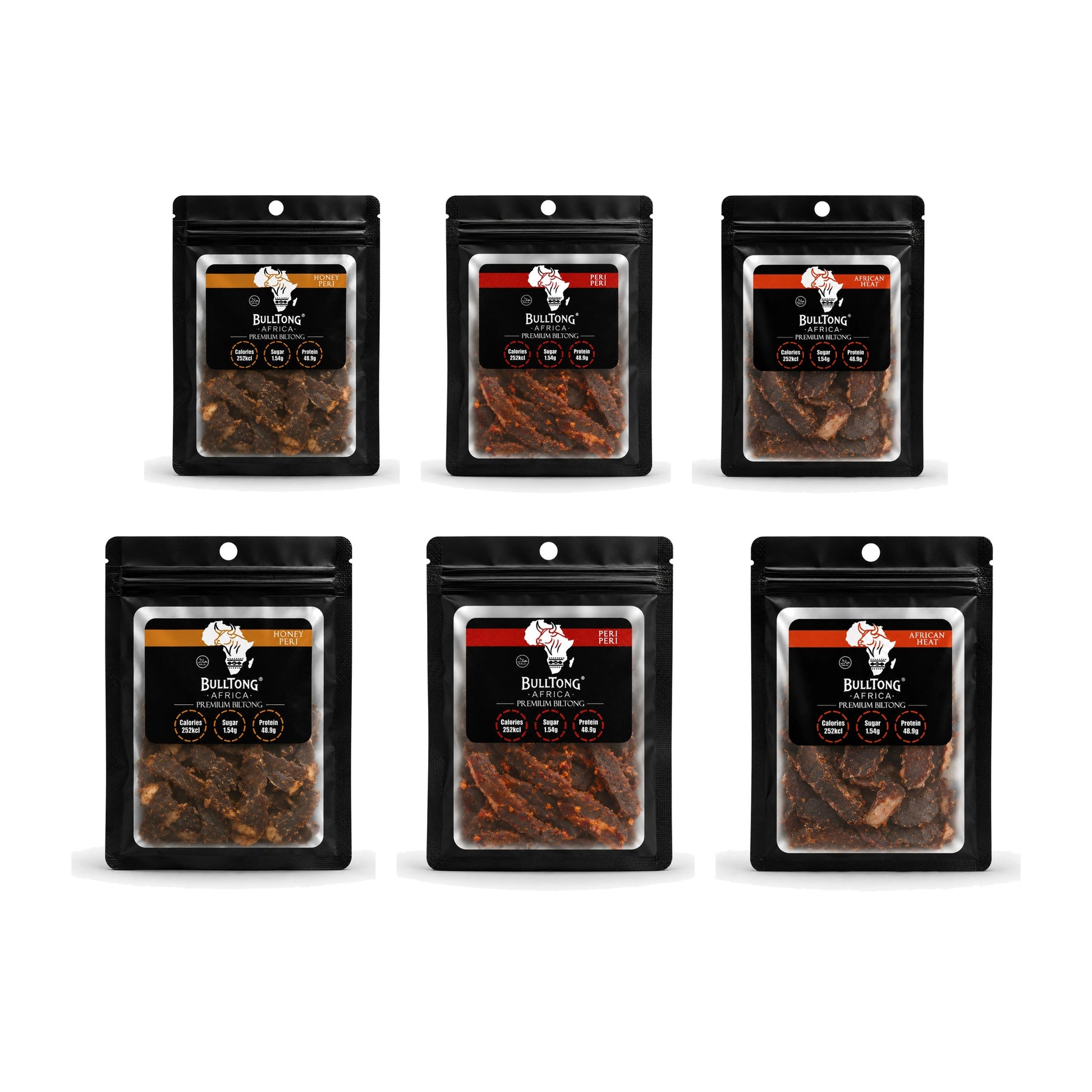 The Full Heat Box - six 35g packs of Honey Peri, Peri-Peri and African Heat biltong
