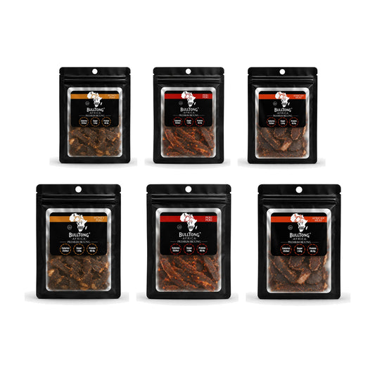 The Full Heat Box - six 35g packs of Honey Peri, Peri-Peri and African Heat biltong