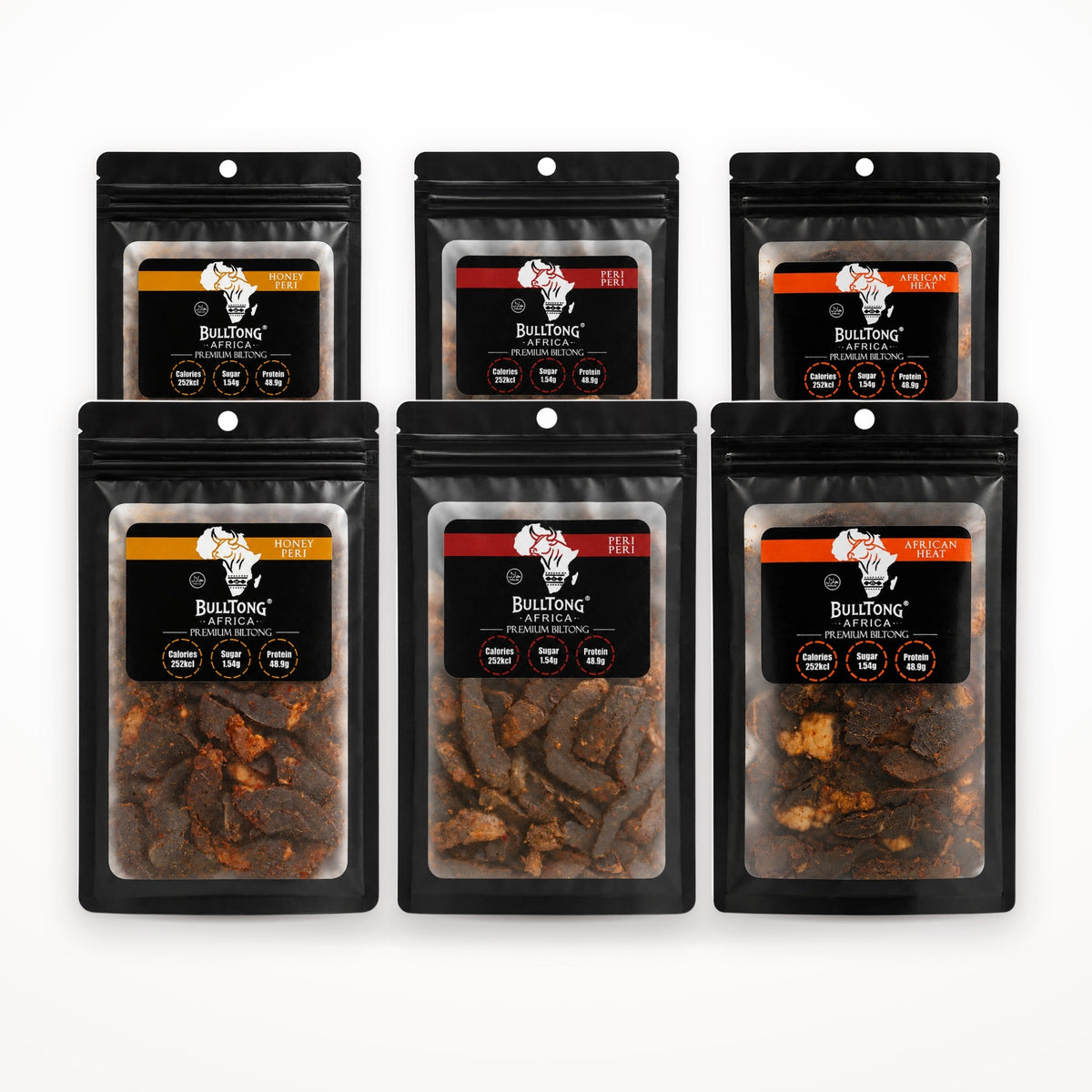 The Full Heat Box - six 90g packs of BulltongAfrica halal beef biltong, two each of Honey Peri, Peri-Peri and African Heat