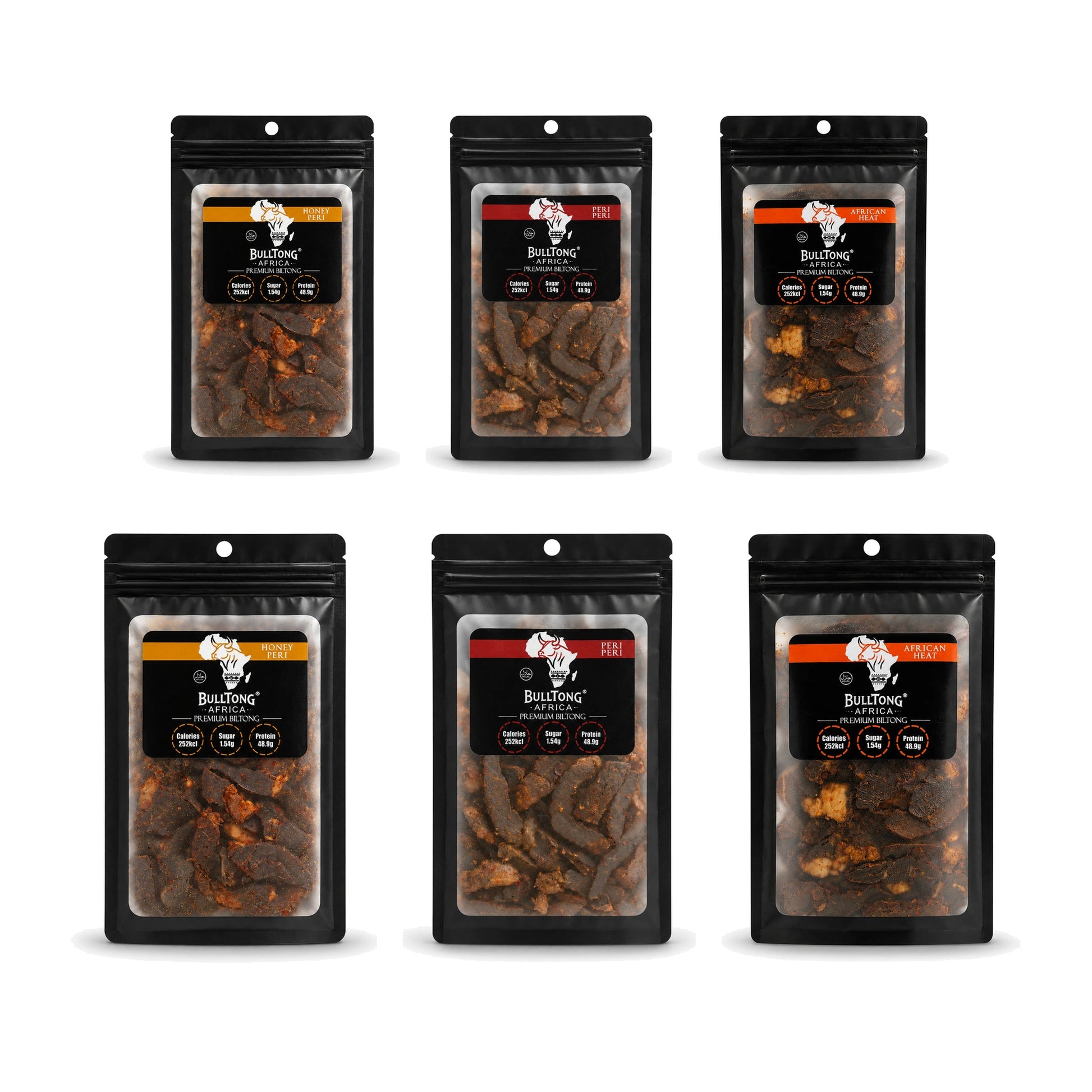 The Full Heat Box - six 90g packs of Honey Peri, Peri-Peri and African Heat biltong