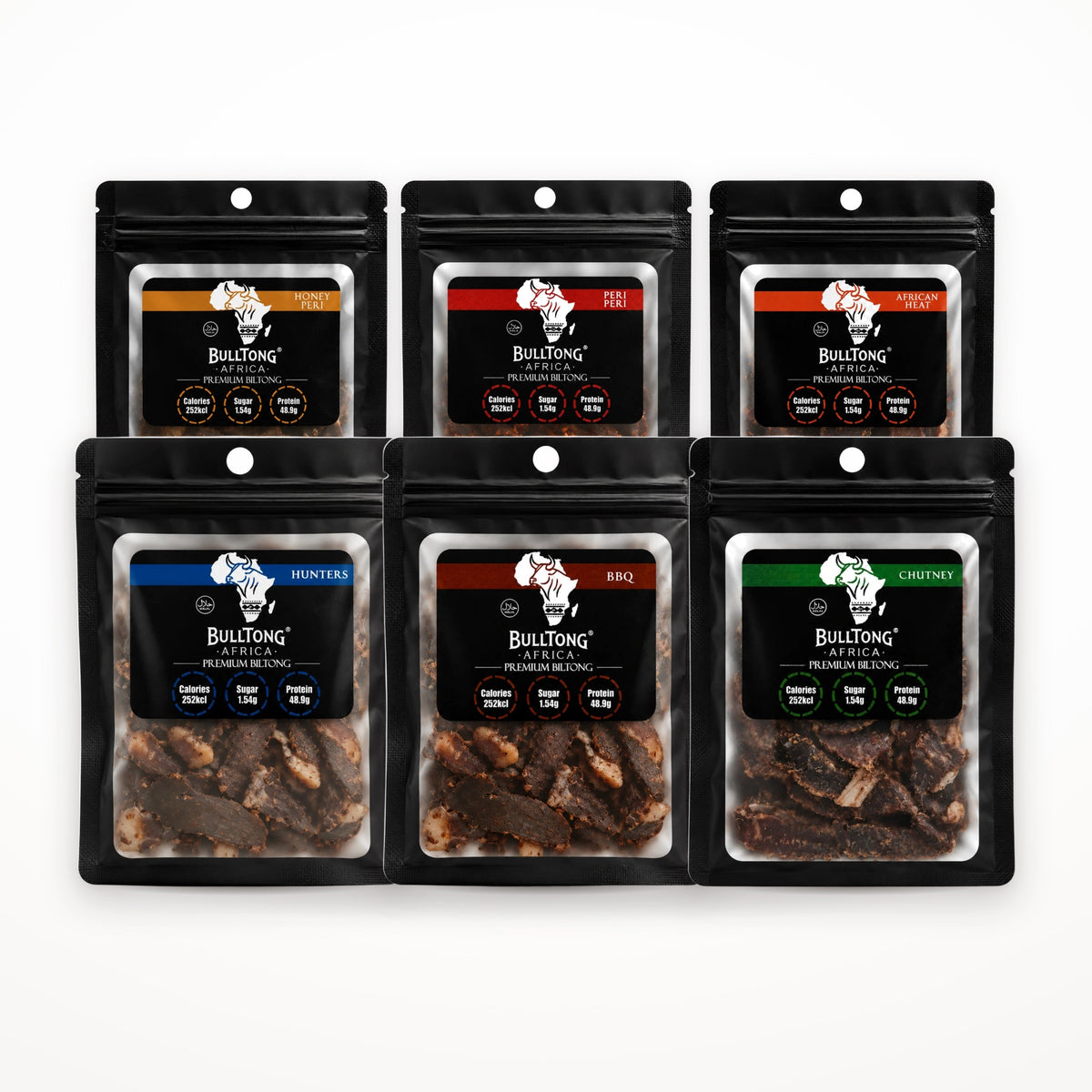 The Full Range Box - six 35g packs of BulltongAfrica halal beef biltong, one of each flavour: Traditional Hunters, Barbeque, Chutney, Honey Peri, Peri-Peri and African Heat