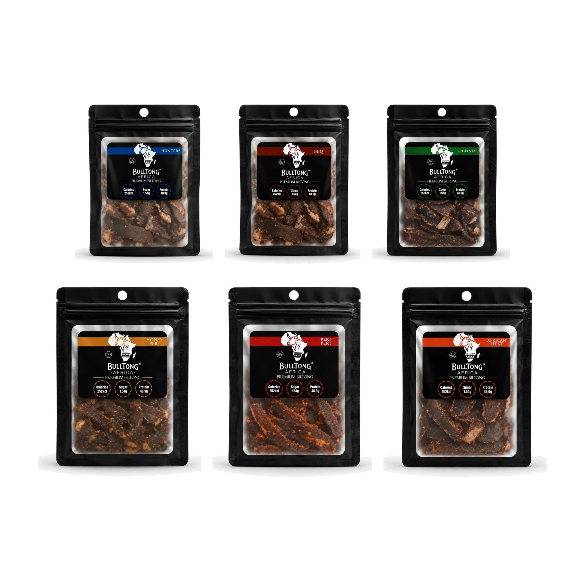 The Full Range Box - six 35g packs, one of every BulltongAfrica biltong flavour