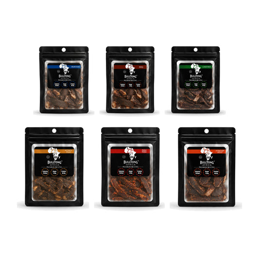 The Full Range Box - six 35g packs, one of every BulltongAfrica biltong flavour