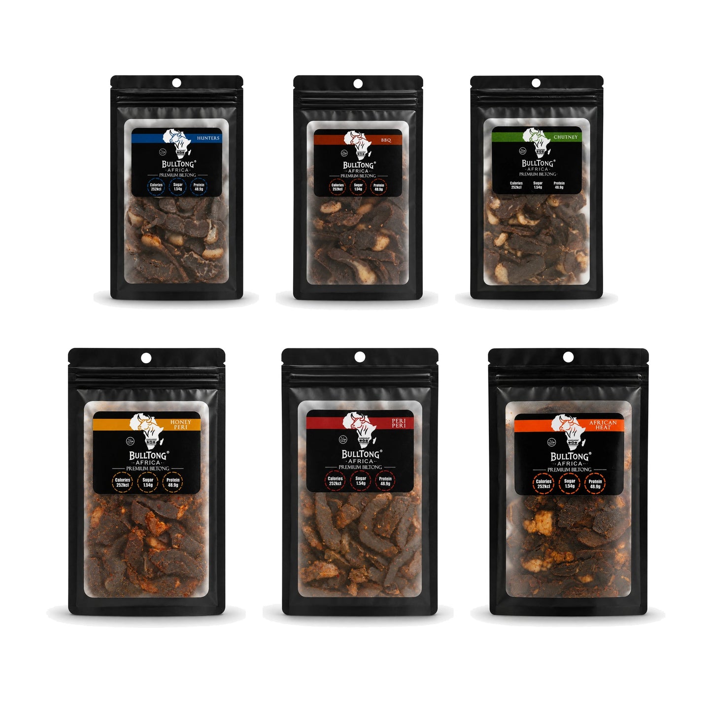 The Full Range Box - six 90g packs, one of every BulltongAfrica biltong flavour