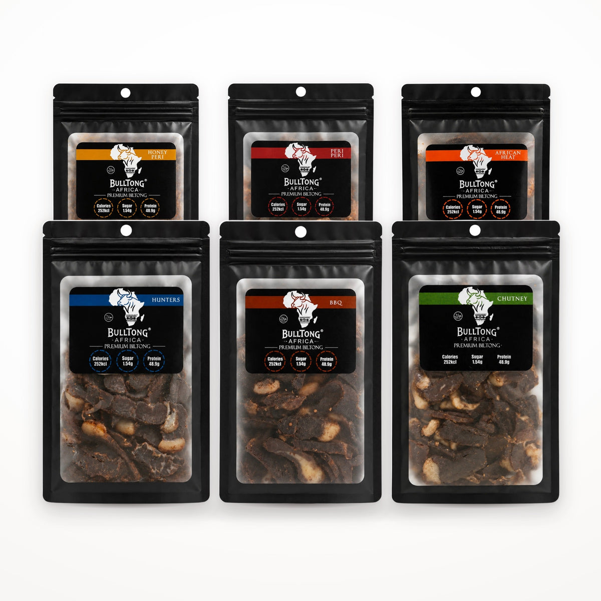 The Full Range Box - six 90g packs of BulltongAfrica halal beef biltong, one of each flavour: Traditional Hunters, Barbeque, Chutney, Honey Peri, Peri-Peri and African Heat