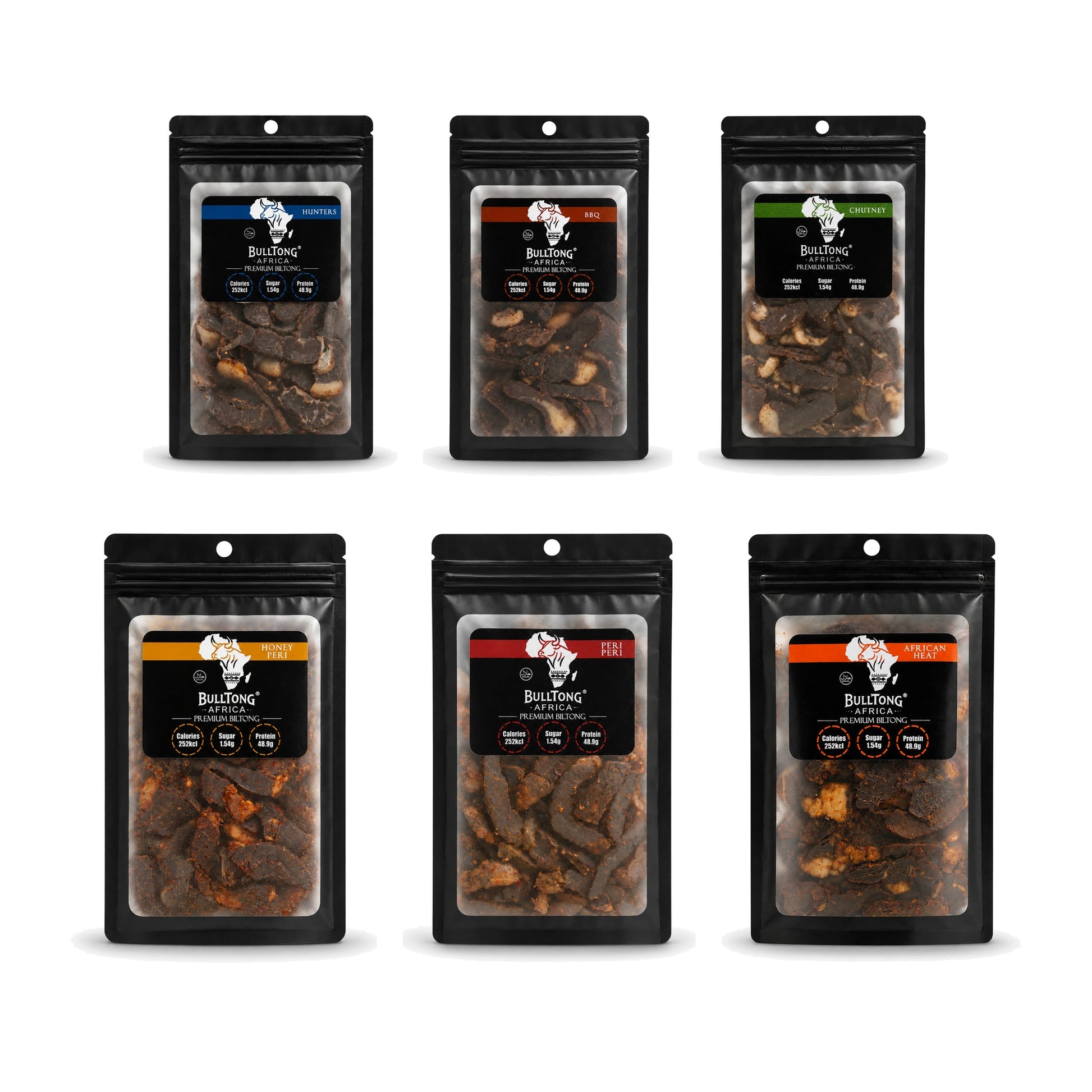 The Full Range Box - six 90g packs, one of every BulltongAfrica biltong flavour