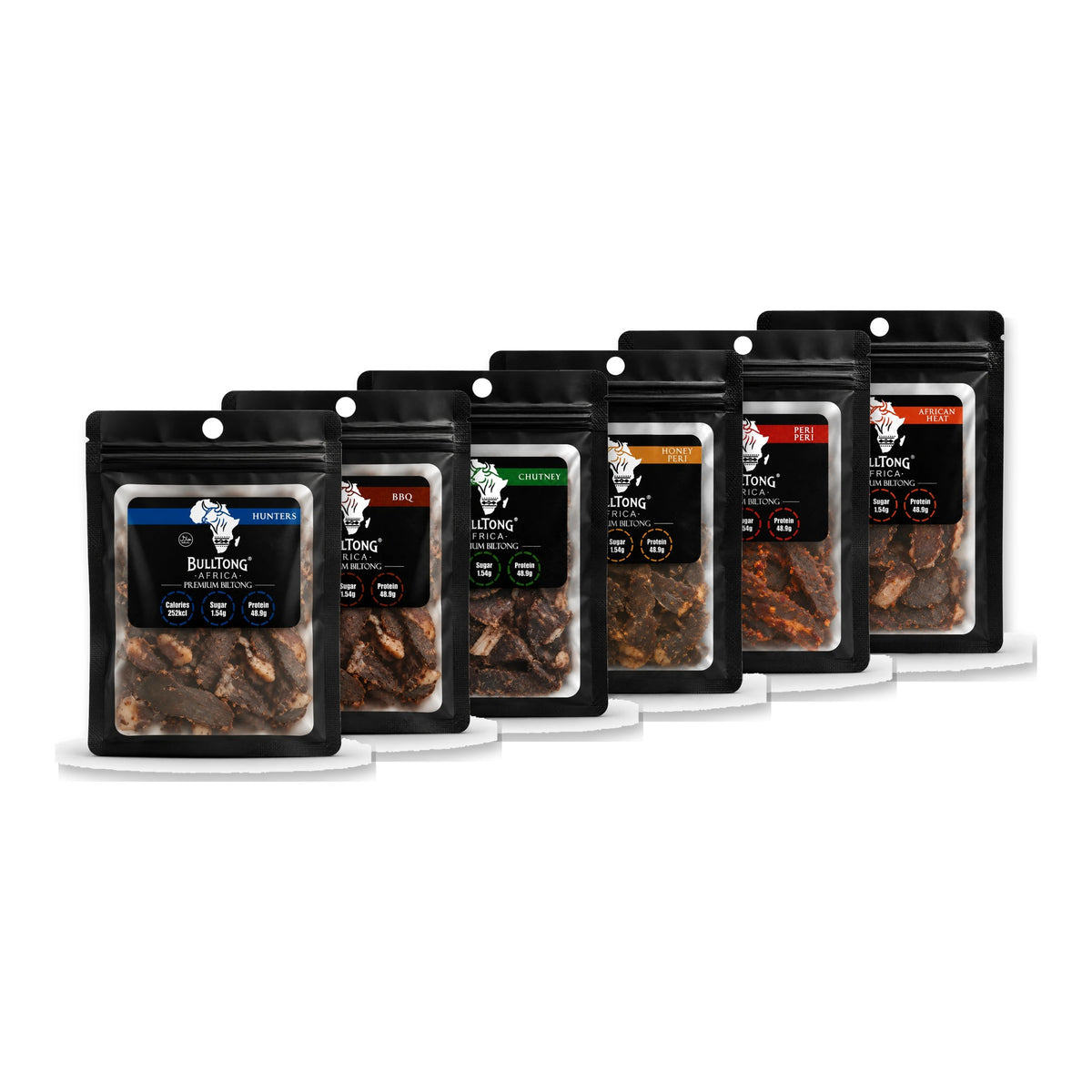 The Full Range Box - six 35g packs lined up, one of every BulltongAfrica flavour