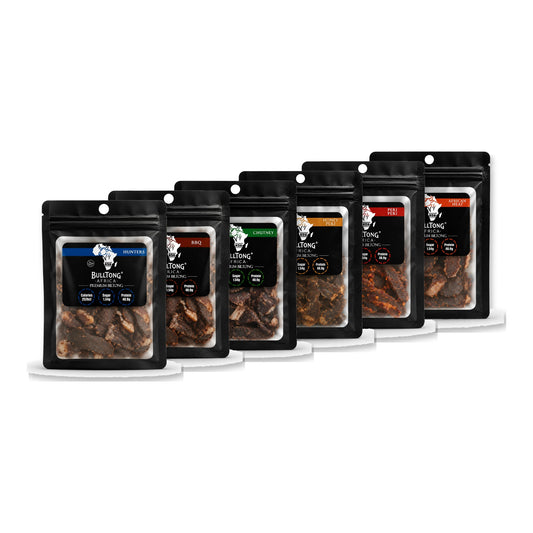 The Full Range Box - six 35g packs lined up, one of every BulltongAfrica flavour
