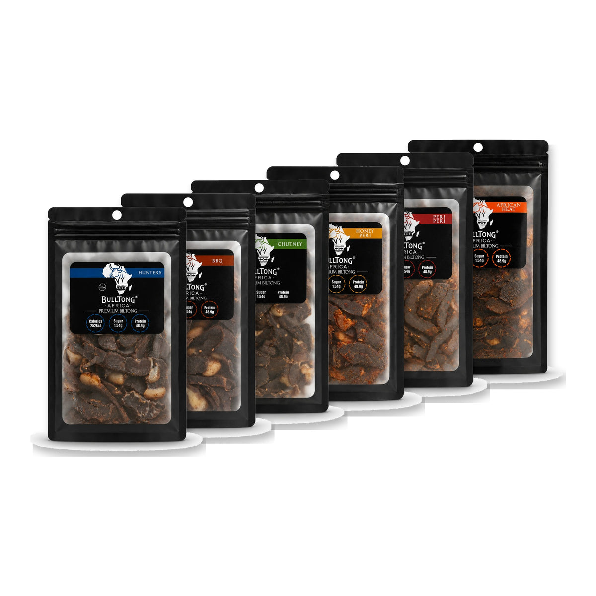The Full Range Box - six 90g packs lined up, one of every BulltongAfrica flavour