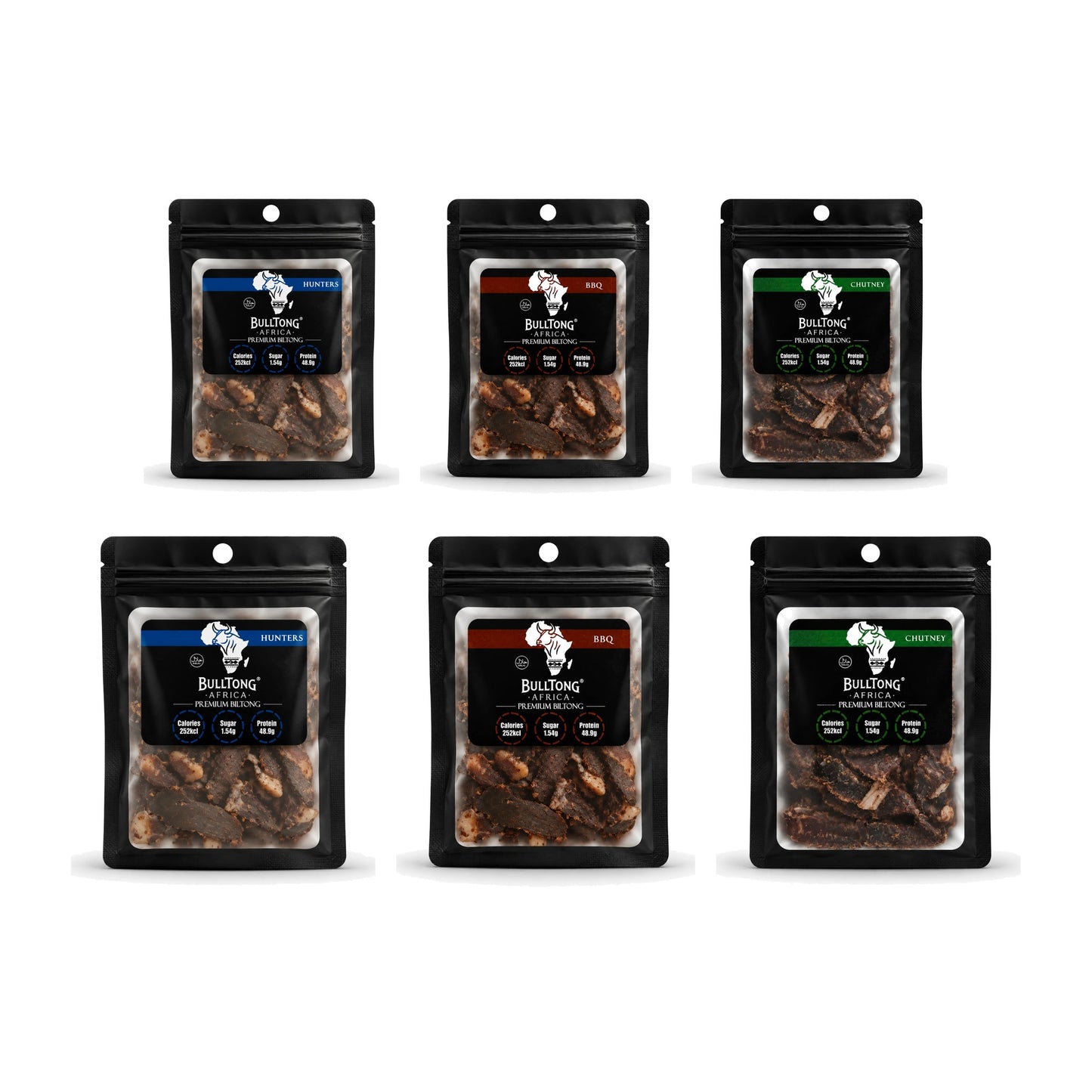 The No Heat Box - six 35g packs of Traditional Hunters, Barbeque and Chutney biltong