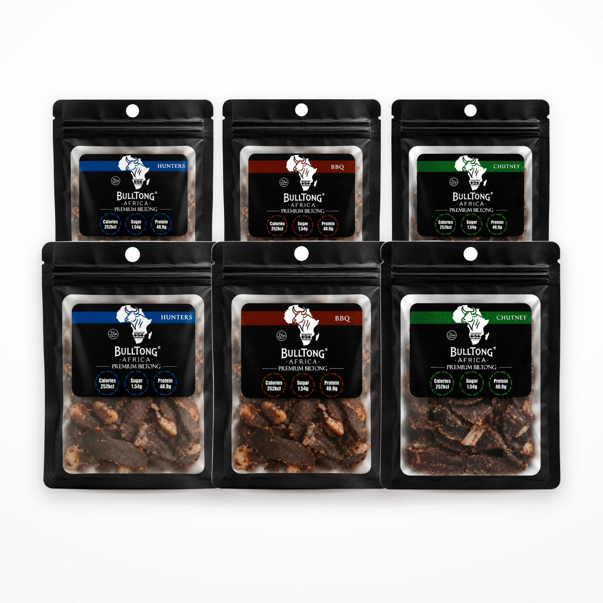 The No Heat Box - six 35g packs of BulltongAfrica halal beef biltong, two each of Traditional Hunters, Barbeque and Chutney