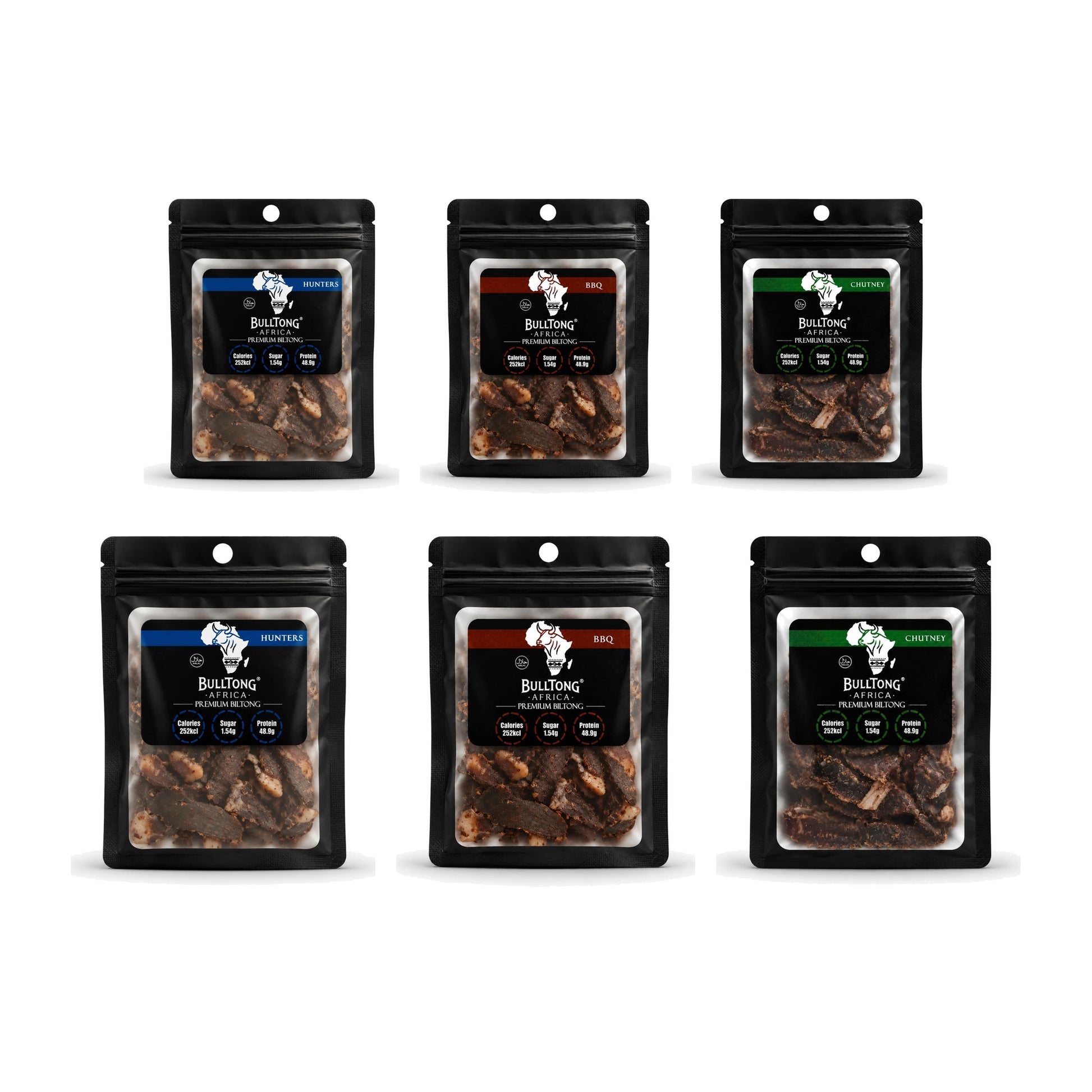 The No Heat Box - six 35g packs of Traditional Hunters, Barbeque and Chutney biltong