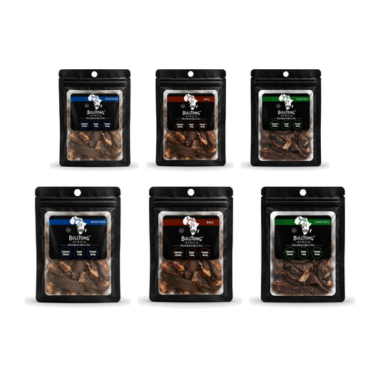 The No Heat Box - six 35g packs of Traditional Hunters, Barbeque and Chutney biltong