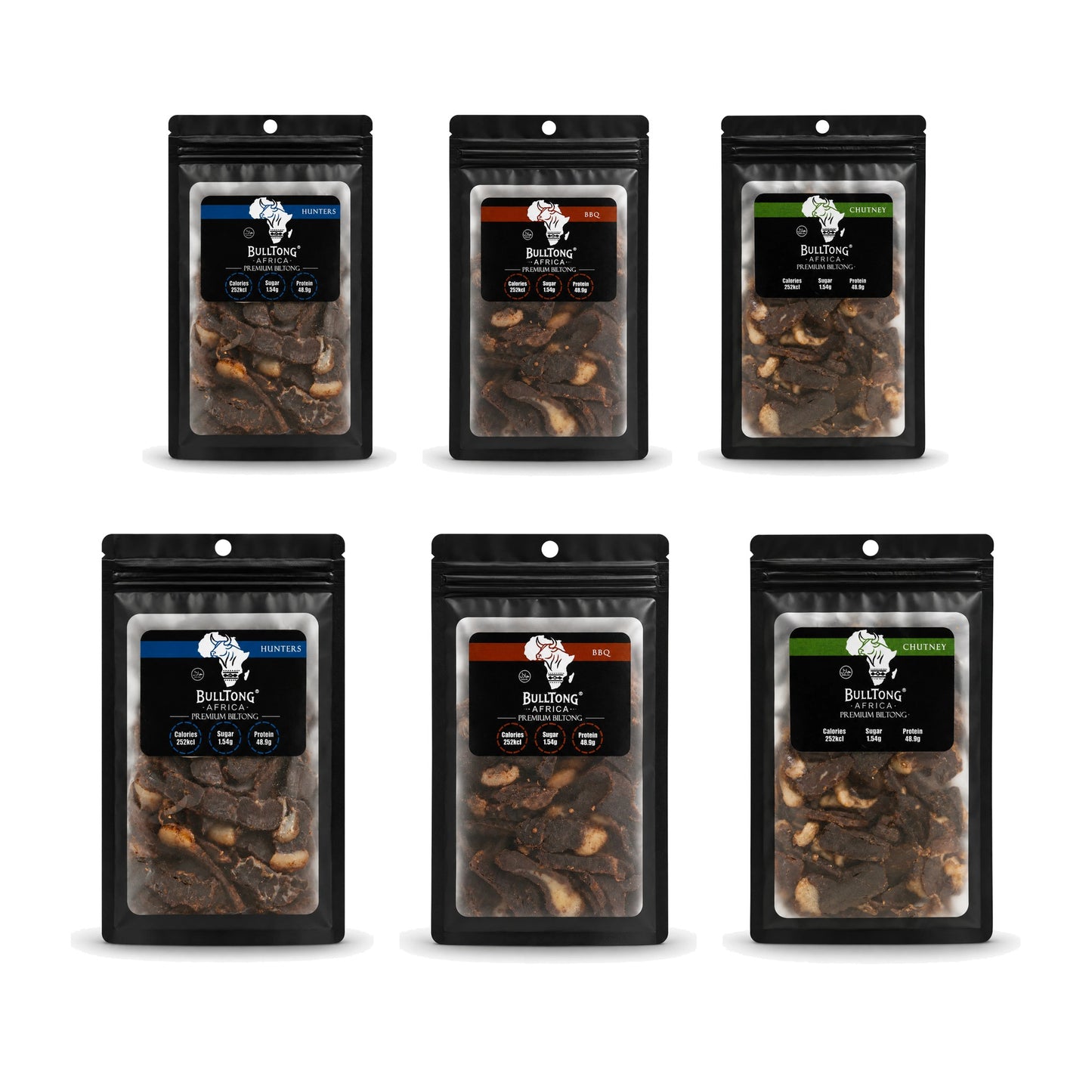 The No Heat Box - six 90g packs of Traditional Hunters, Barbeque and Chutney biltong