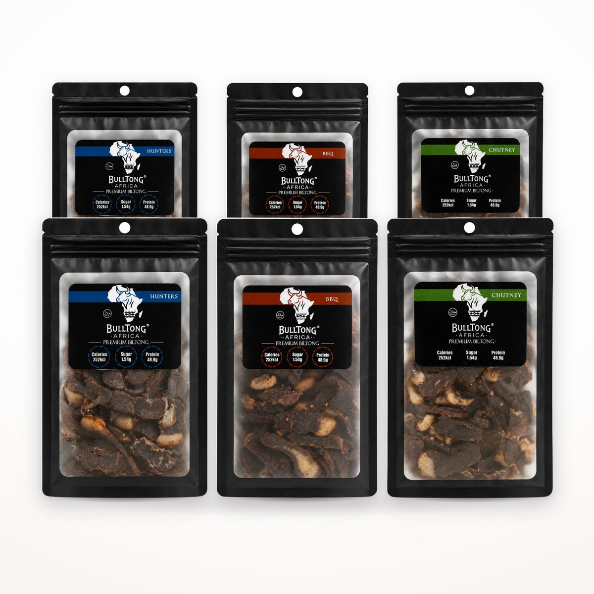 The No Heat Box - six 90g packs of BulltongAfrica halal beef biltong, two each of Traditional Hunters, Barbeque and Chutney